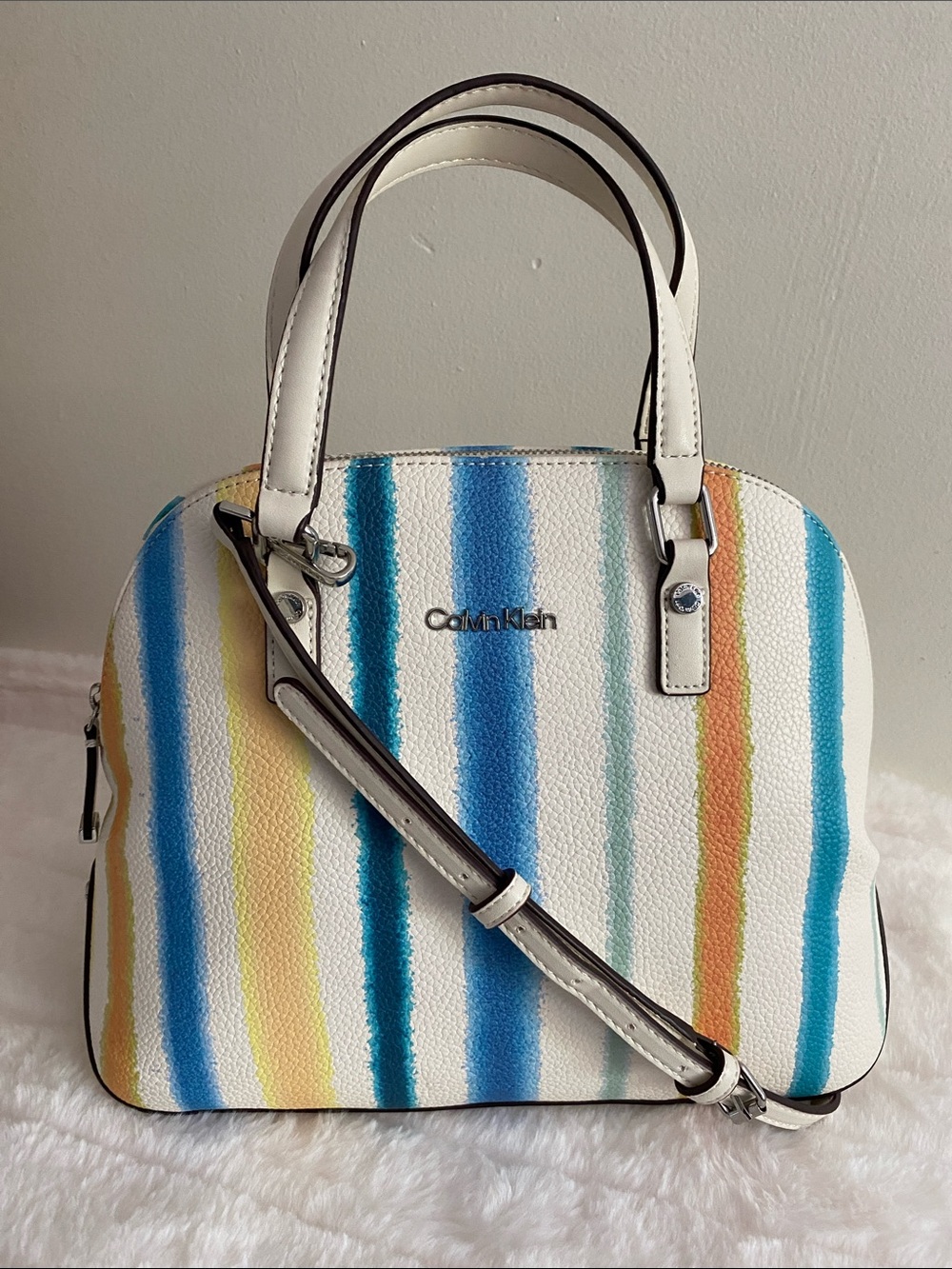 Calvin Klein Dome Satchel Crossbody Handbag Striped in White Multicolor
